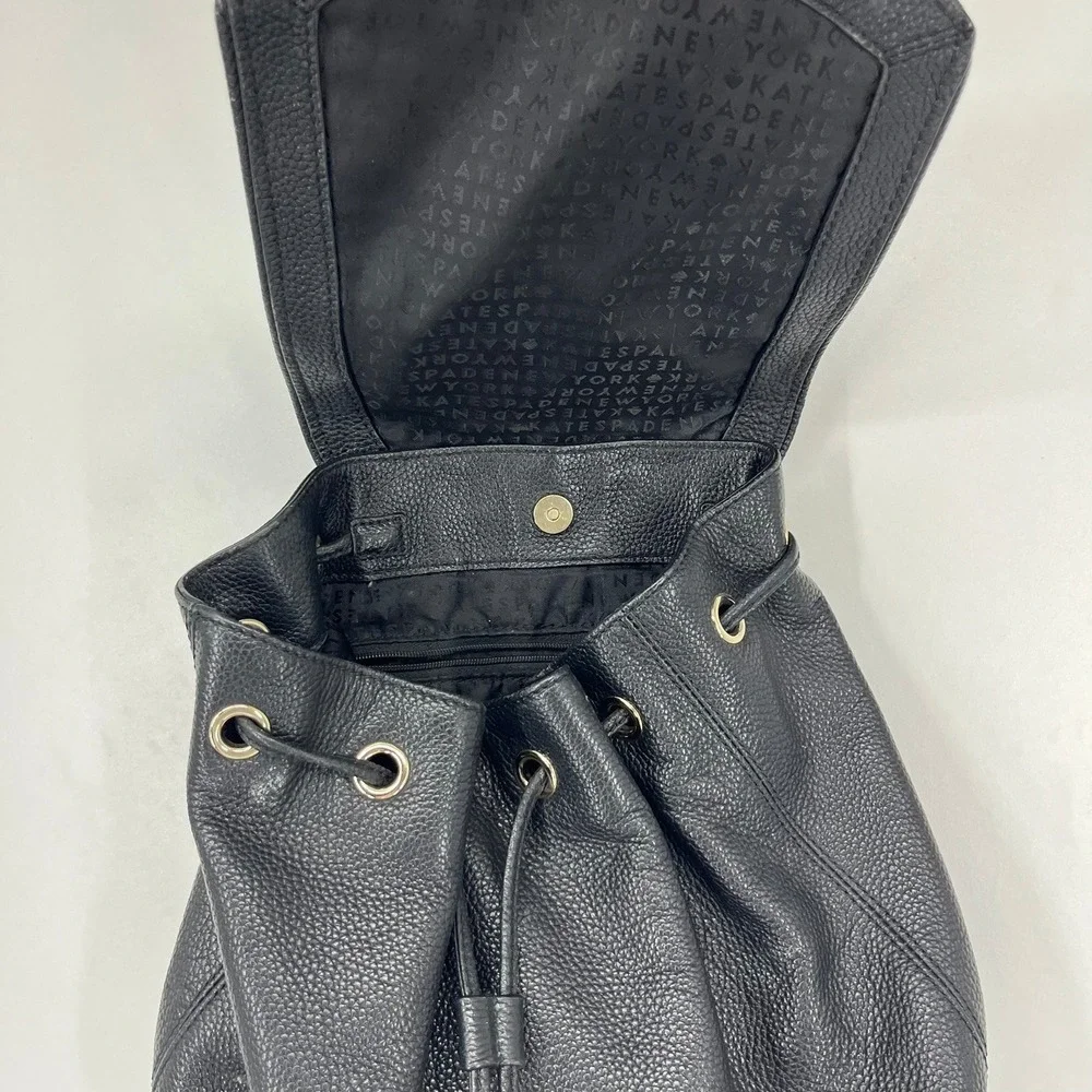 Kate Spade New York Black Pebbled Leather Drawstring Flap Backpack Small